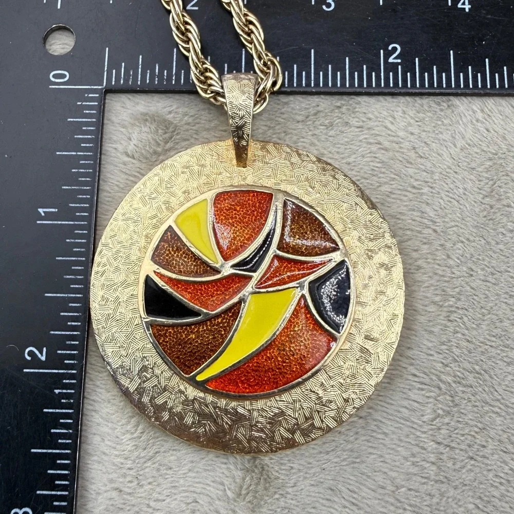 Vintage Estate Mirror Necklace Gold Tone Enamel Reversible 32
